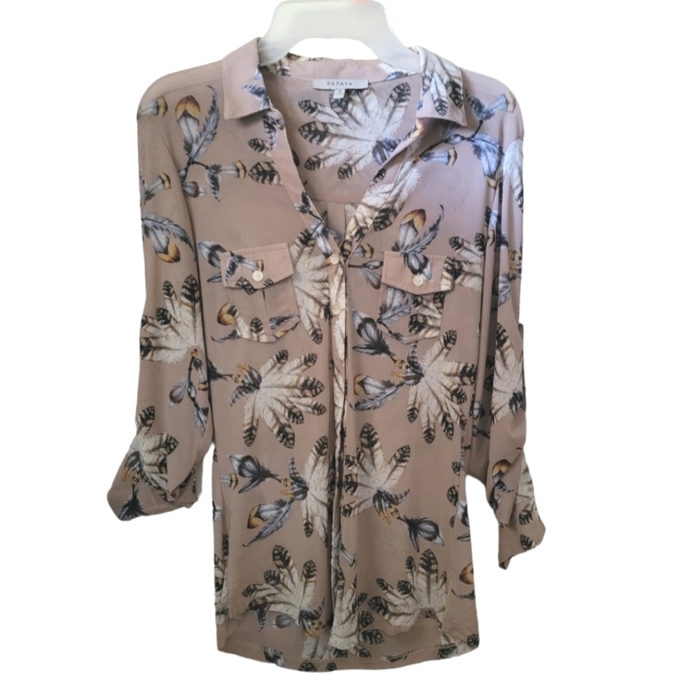 Tan, floral button up blouse.